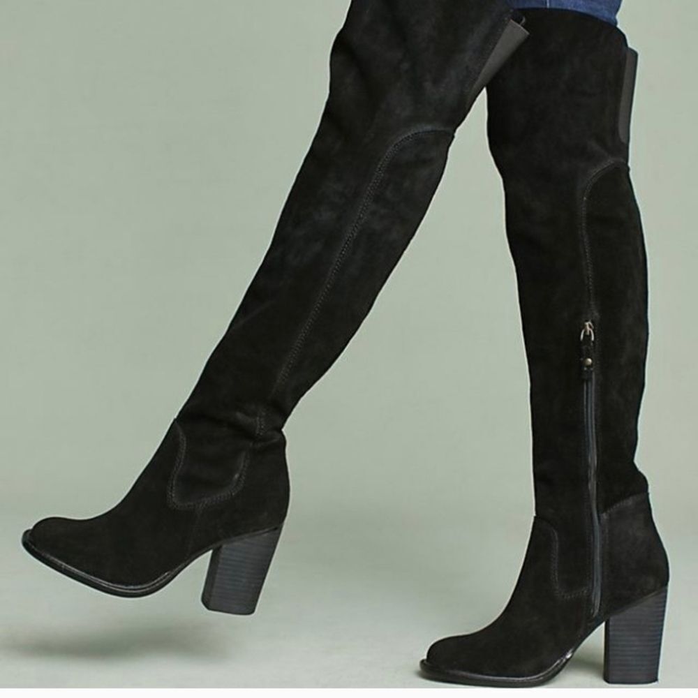 Kelsi Dagger Brooklyn Logan Over The Knee Boots Black Suede Stacked Heel Sz 9.5